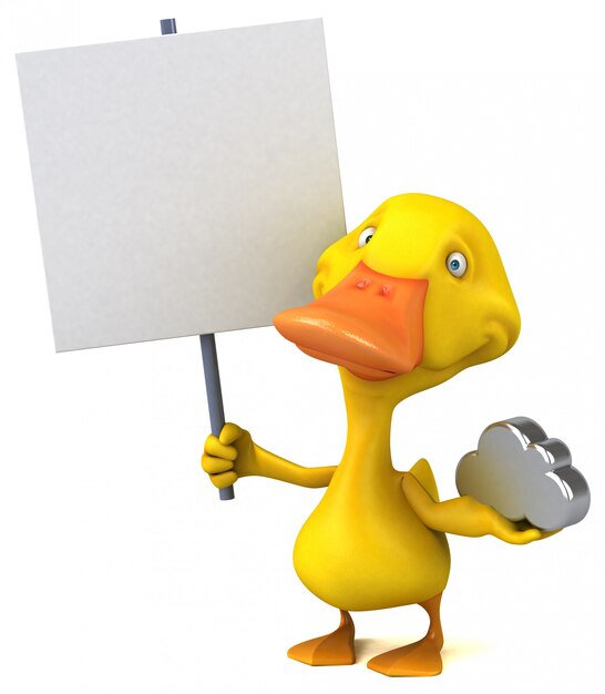 Premium Photo | Funny illustrated duck holding a cloud icon and a blank ...