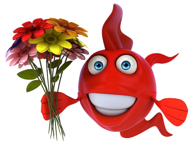 花の花束を持って面白いイラストの赤い魚 プレミアム写真
