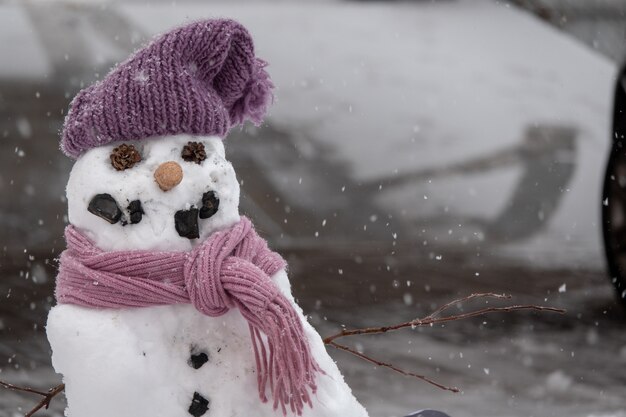 雪原にスタイリッシュな黒い帽子で面白い雪だるま プレミアム写真 雪原にスタイリッシュな黒い帽子で面白い雪だるま プレミアム写真