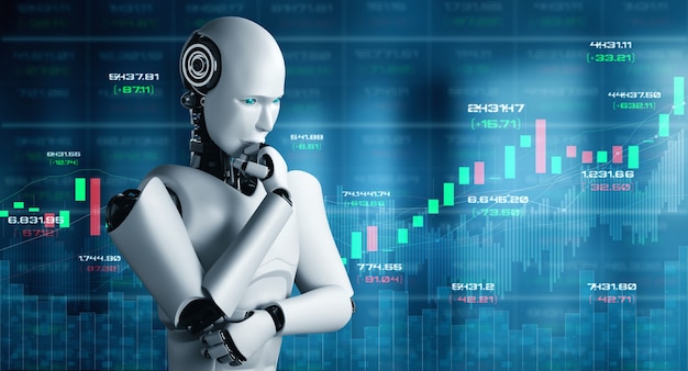 機械学習と人工知能を使ってビジネスデータを分析し 投資と取引の決定についてアドバイスを与えるaiロボットによって制御される将来の金融技術 3dイラスト プレミアム写真