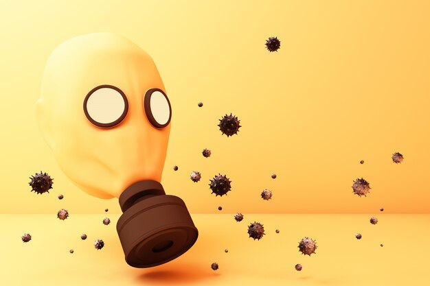 Gas mask yellow suit cover with virus 3d rendering Premium Photo