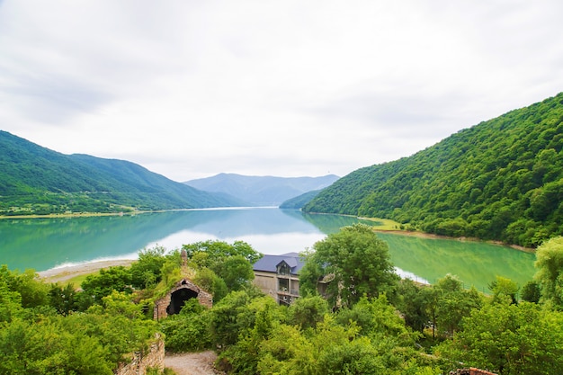 Georgia ananuri monastery. large reservoir. lake in the pea. Premium Photo