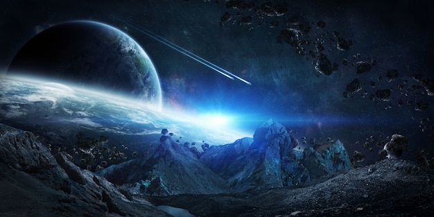 Gigantic asteroids about to crash 3d rendering Premium Photo