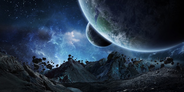 Gigantic asteroids about to crash earth 3d rendering Premium Photo
