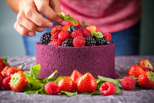 Girl Cook A Cake Decorated With Berries Strawberries Raspberries