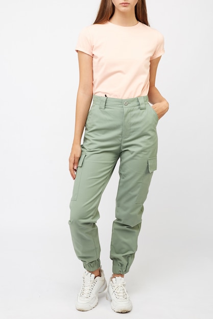 Premium Photo | Girl in green cargo pants and a t-shirt