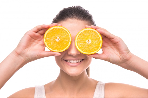 Premium Photo | The girl holds two slices of orange on the eyes.