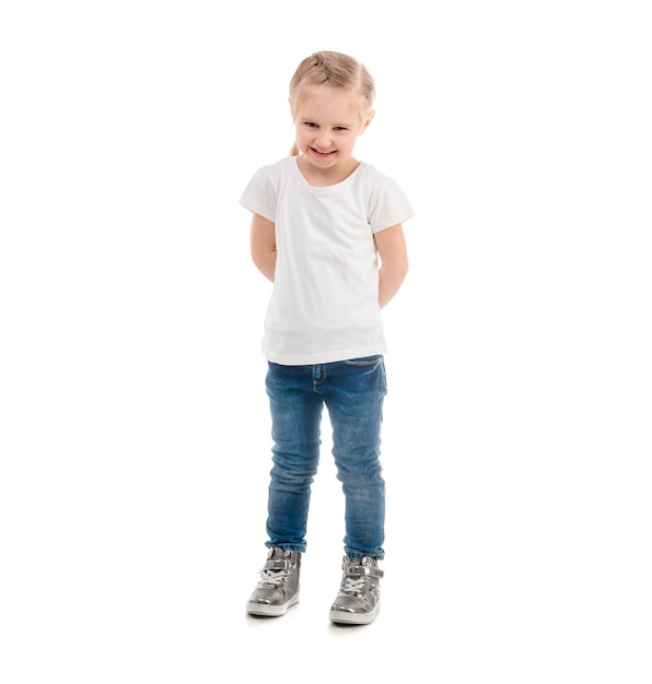 Premium Photo | Girl in t-shirt standing isolated on white background