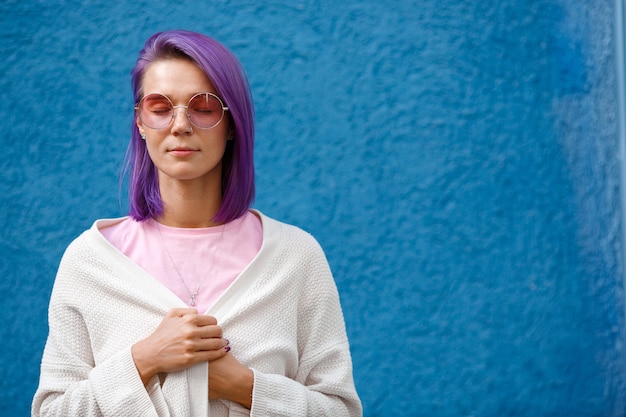 purple hair with blue prom dress