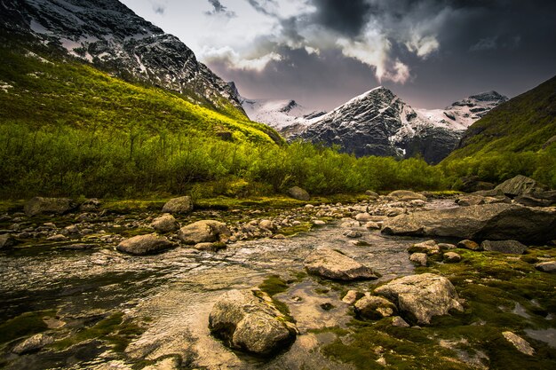 山の氷河 絵のような風景 自然な壁紙 山のスカンジナビアの風景 春の背景 ノルウェーの国立公園ヨステダールブリーン 自然の保護 地球温暖化 プレミアム写真