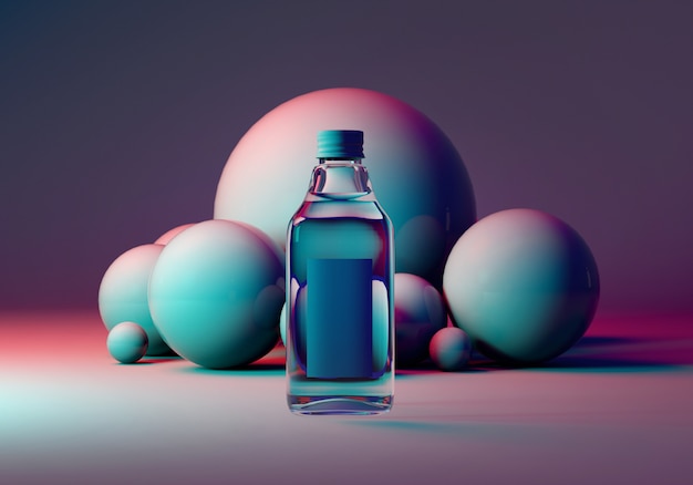 Download Glass bottle on blue and pink background with balls. 3d ...