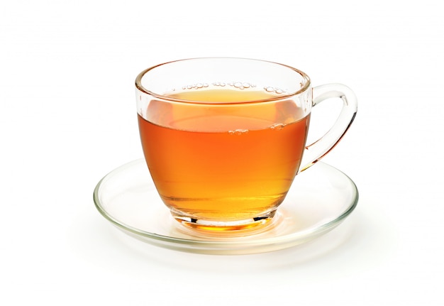 Premium Photo | Glass cup of hot tea with saucer isolated on white ...