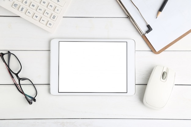 Glasses Calculator And Tablet On White Neat Desk Photo Free