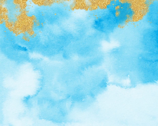 ゴールド ブルーの水彩画の背景 パステルブルーのテクスチャ プレミアム写真