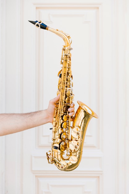 Golden saxophone held by person Photo | Free Download