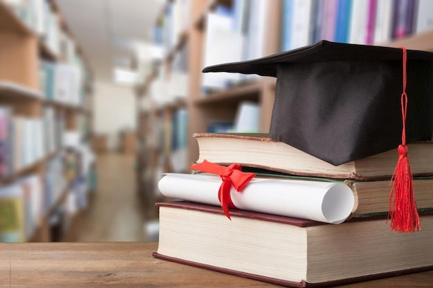 Premium Photo | Graduation hat and stack of books