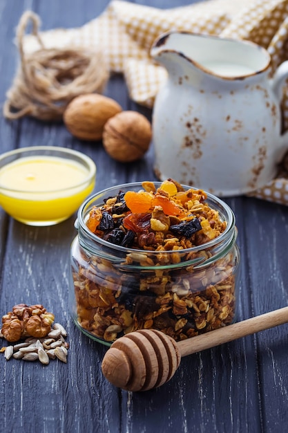 Premium Photo Granola In Jar With Nuts And Dried Fruit