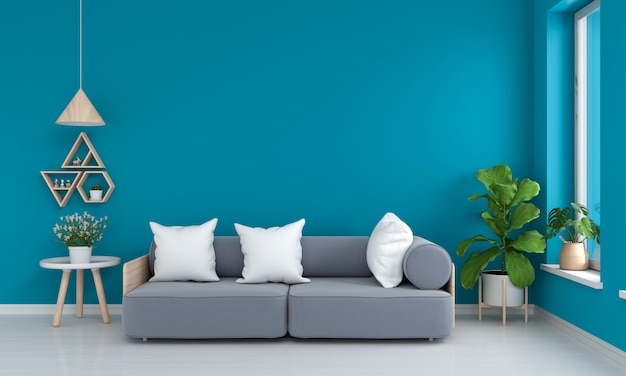 Gray sofa and table in blue living room Premium Photo
