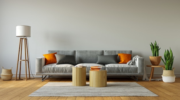 Gray Sofa With Orange Pillows, Simple Living Room Furniture