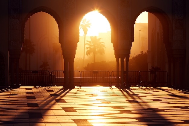 Great mosque of hassan 2 at sunset in casablanca, morocco. beautiful arches of the arab mosque in the sunset, sunlight rays Premium Photo