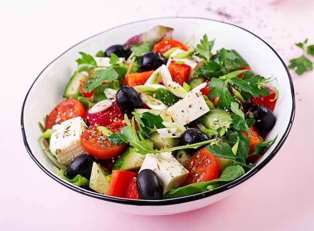 Premium Photo Greek Salad With Cucumber Tomato Sweet Pepper Lettuce Green Onion Feta Cheese