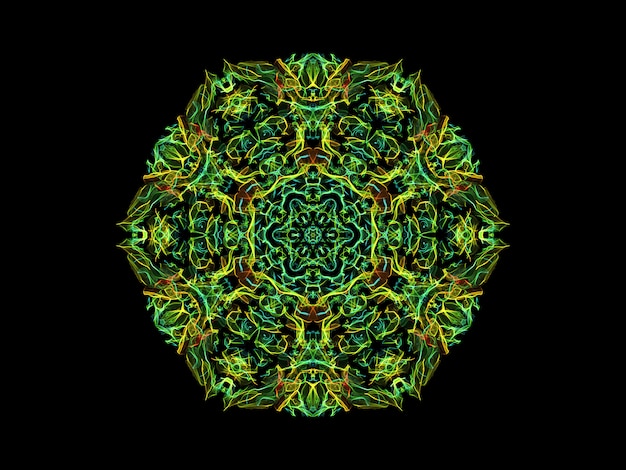 緑と黄色の抽象的な炎曼荼羅花 黒い背景に観賞用の花の六角形のパターン プレミアム写真