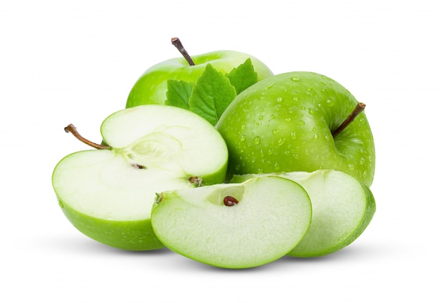 Premium Photo | Green apple with leaves on white table.