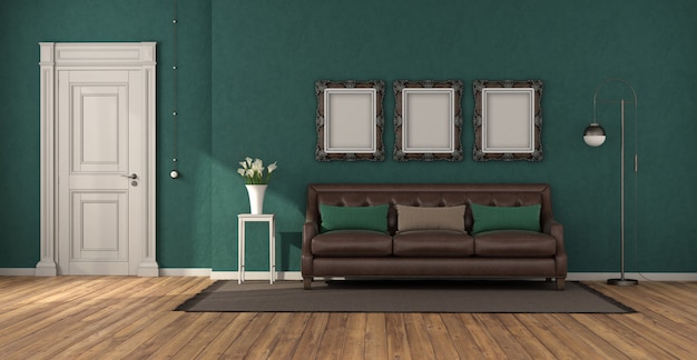 Premium Photo | Green classic living room with leather sofa