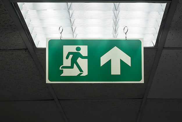 Green Emergency Exit Sign Hang On The Ceiling Photo Premium Download