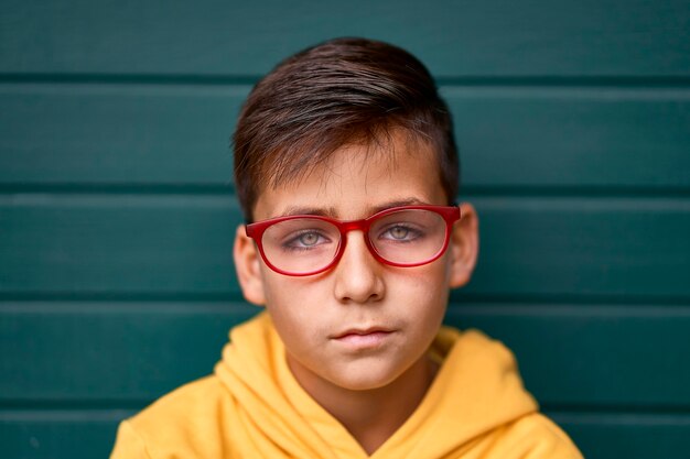 Premium Photo | Green eyes kid with red glasses portrait