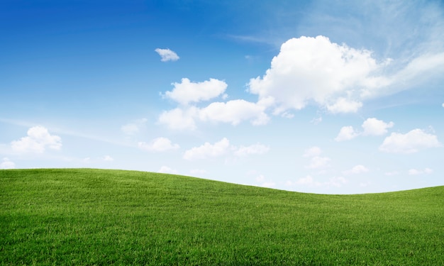 Green Grass On Hill With Blue Sky And Clouds Background Stock Photo