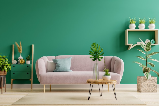 Green interior in modern interior of living room style with soft sofa and green wall,3d rendering Free Photo