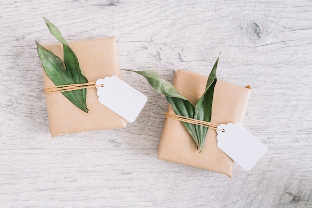 Free Photo | Green leaves with parcel and tag on wooden textured backdrop