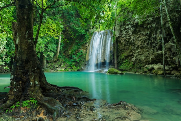 Premium Photo | Green nature with beautiful waterfall, erawan waterfall ...