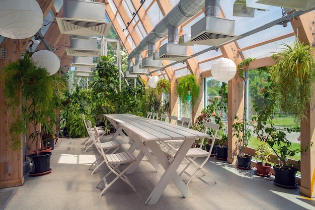 Premium Photo | Green plants in a pavilion with a glass roof. modern ...