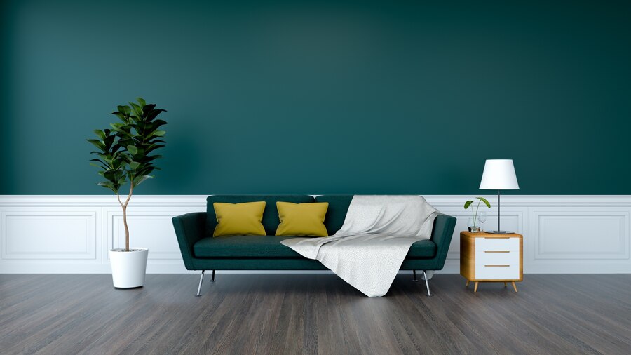 Premium Photo | Green sofa and plant with wood cabinet on wood flooring ...