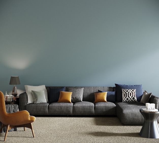 Premium Photo Grey Sofa And Orange Armchair In Front Of The Blue Wall