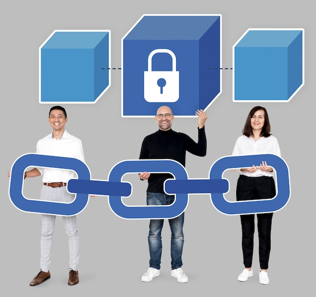 Group of diverse people with block chain cryptography Free Photo