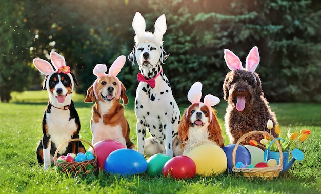 A group of dogs with bunny ears headbands at the easter party | Premium