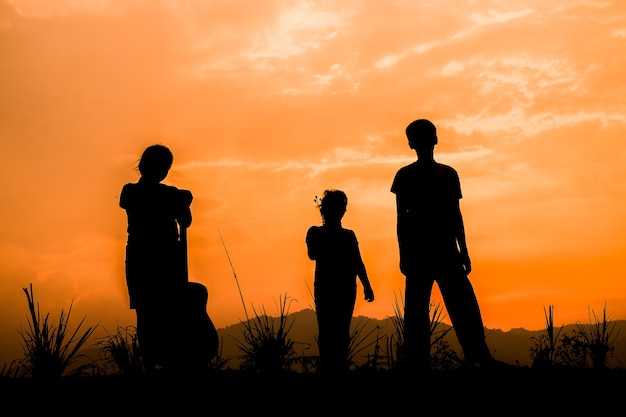 Premium Photo | Group of happy children playing on meadow at sunset