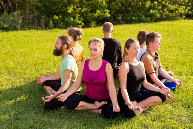 Premium Photo | A group of people in a lotus pose on a green lawn in ...