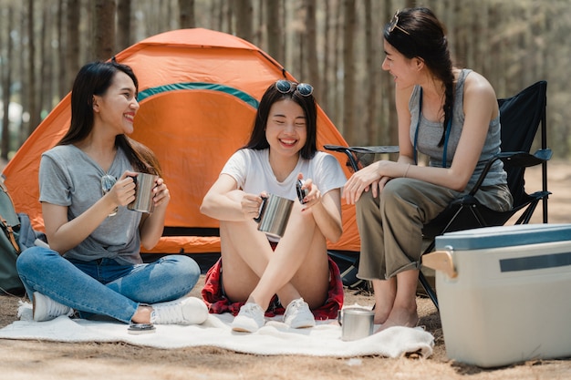 Free Photo | Group of young asian friends camping or picnic together in  forest