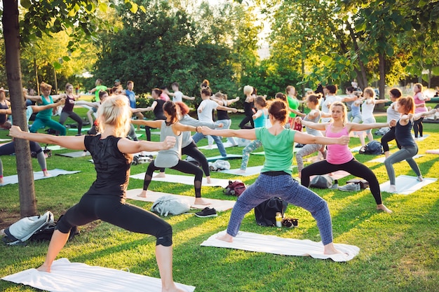 Premium Photo | A group of young people do yoga in the park at sunset.