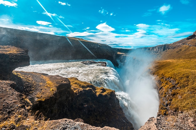 Premium Photo The Gullfoss Waterfall In The Golden Circle Of The South Of Iceland With Lots Of Water One Summer Morning