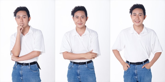 Premium Photo Half Body Figure Snap Of s Asian Tanned Skin Man Black Hair Shirt Jeans Isolated Handsome Male Express Feeling Emotion Poses Many Angle View And Smile Happy Over White