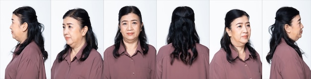 Premium Photo Half Body Portrait Of 60s 70s Elderly Asian Woman Black Hair Purple Shirt Grandmother Turns 360 Around Rear Side Back View Many Poses Over White Background Isolated