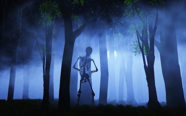 霧の森の中に骨格のハロウィーンの背景のレンダリング3d 無料の写真