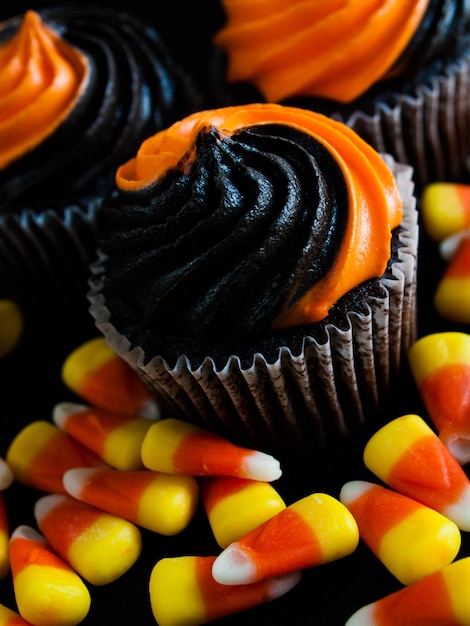 Premium Photo | Halloween cupcakes decorated with black and orange ...