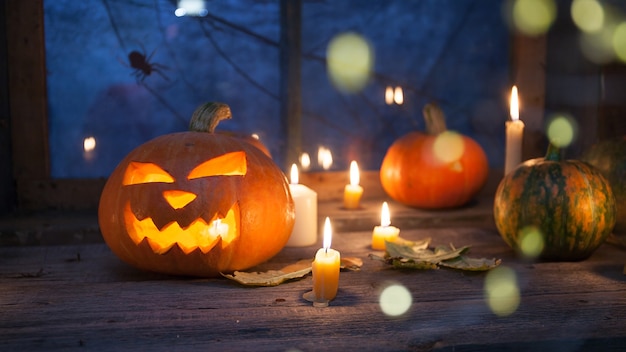 Premium Photo | Halloween decoration, jack-o-lantern pumpkins with blur ...