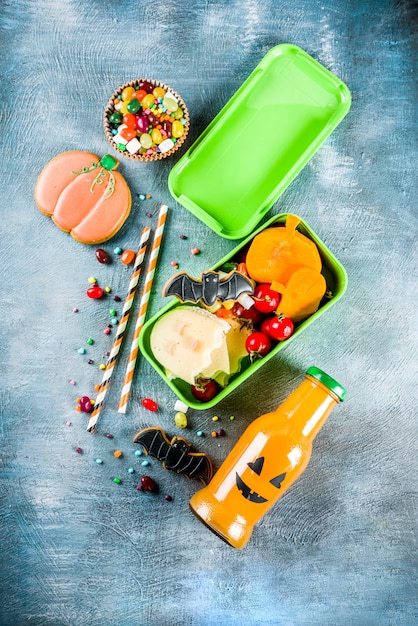  Halloween  food school lunch  box  with pumpkin drink bottle 